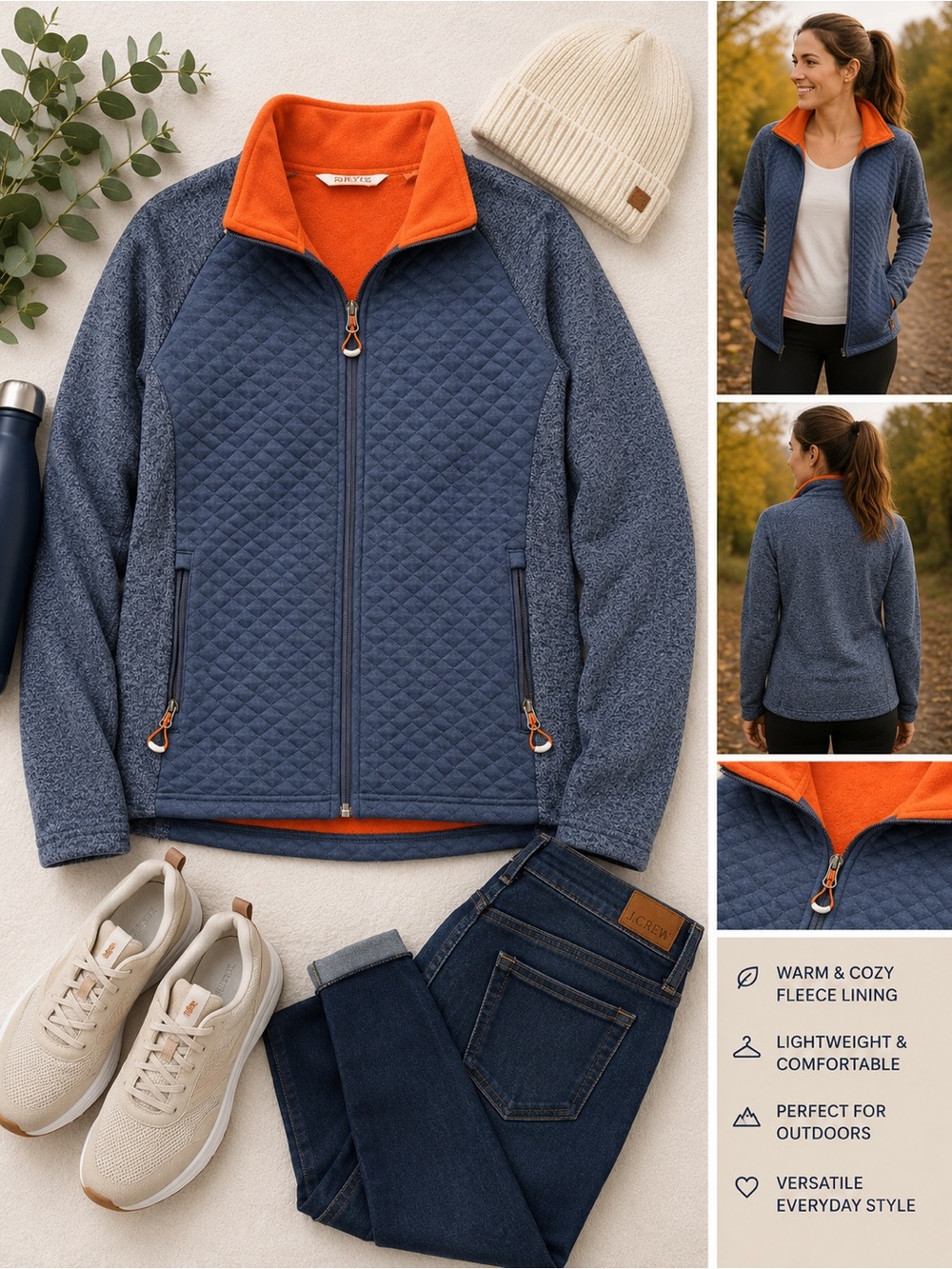 Orvis Navy Quilted Jacket with Orange Fleece Lining